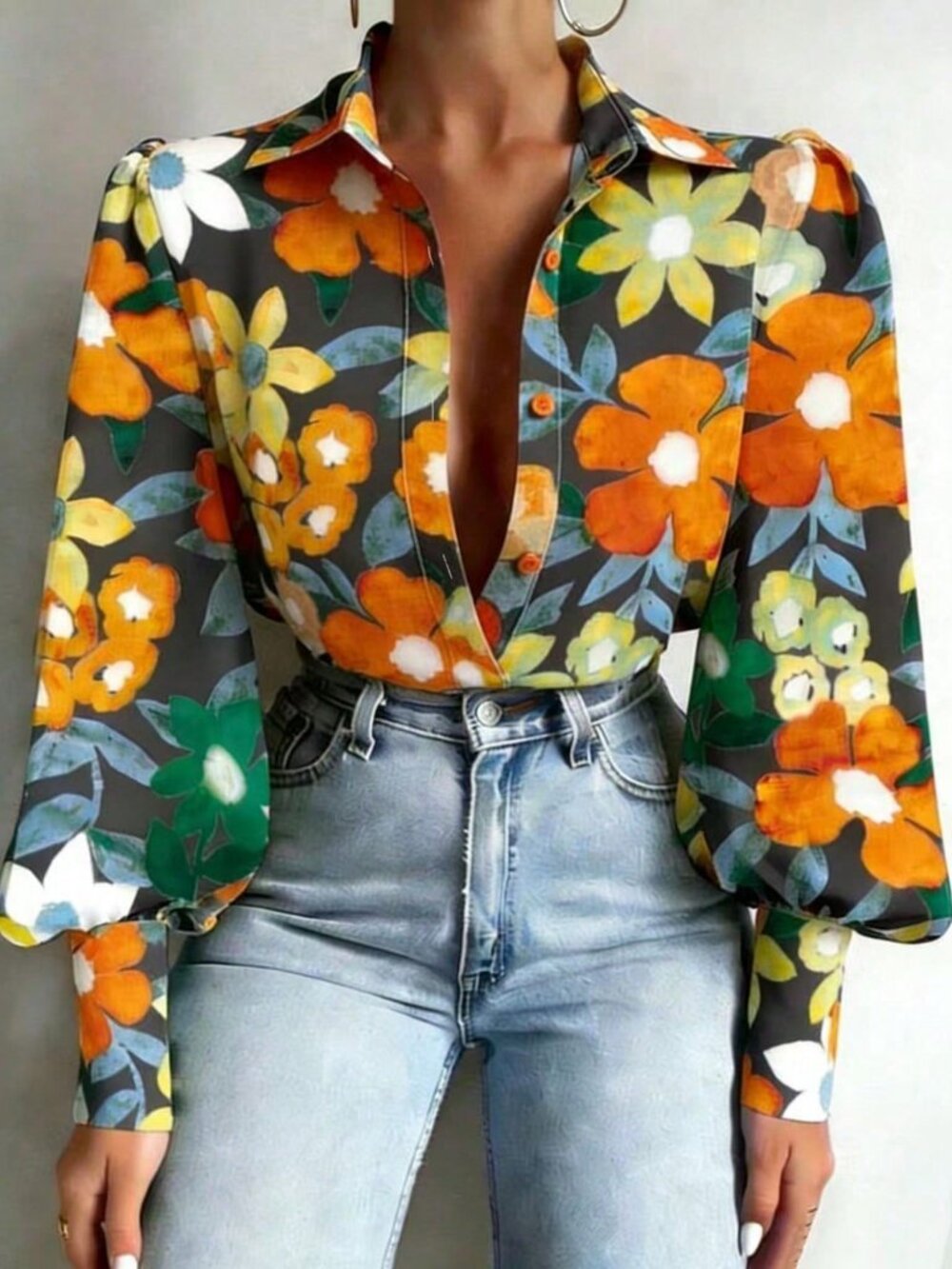 Boho Women's Floral Print Lantern Sleeve button down Shirt - Picture 2 of 3